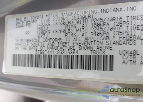 2002 Toyota Tundra Sr5 V8 z USA, uszkodzony, nr VIN 5TBBT44112S316364